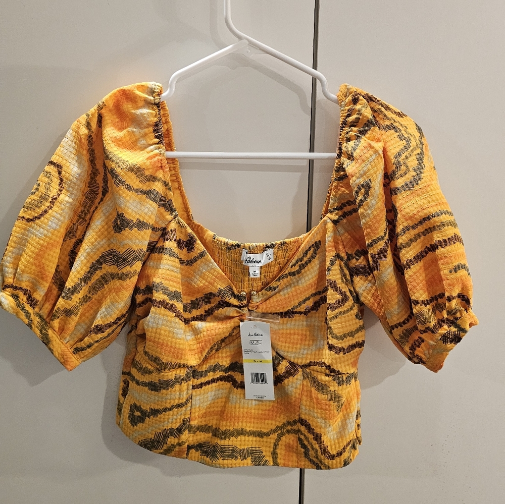 Sam Edelman Womans Medium Yellow/Orange Puff Sleeve Cropped Top NWT